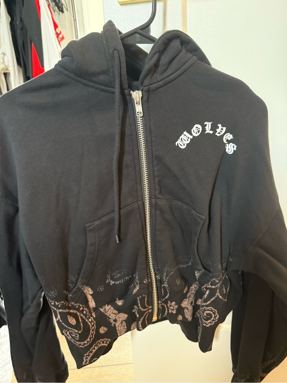 Darc Sport Black 'WOLVES' Zip-Up Bomber Hoodie with Paisley Hem